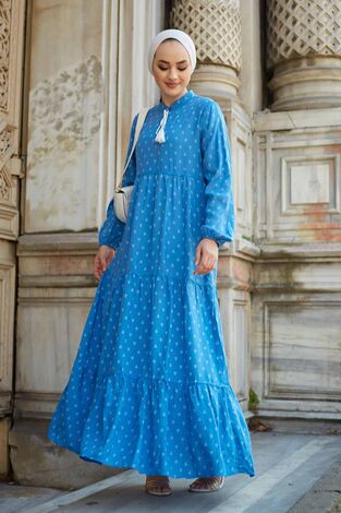 Viscon Uzun Tesettür Elbise 420BD1627 Mavi - Thumbnail