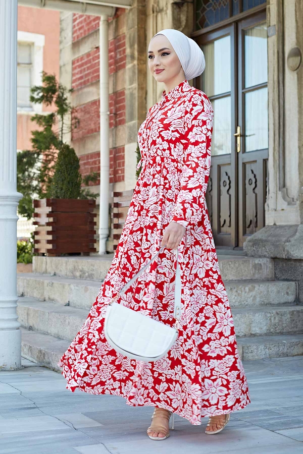 Tünel Kemerli Mevlana Tesettür Elbise 420BD-20144 Kırmızı