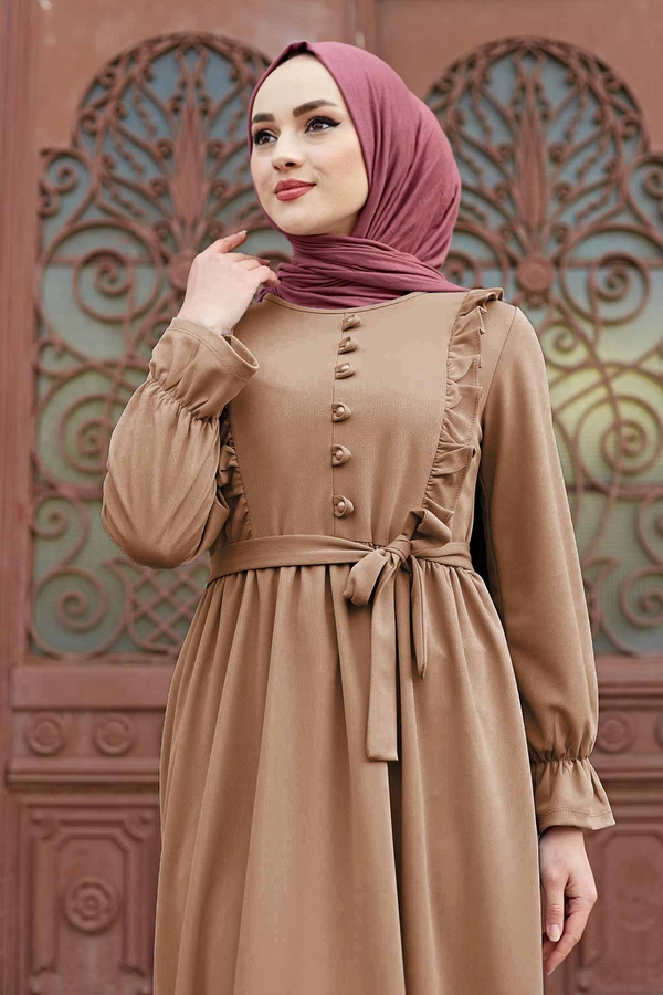 En - Lina Fırfırlı Elbise 565EN-03458 Vizon (1)