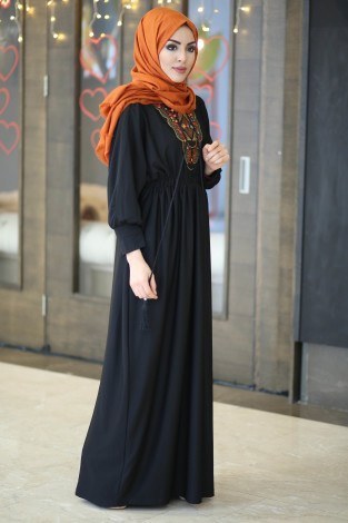 Taşlı Nakışlı Elbise 8385-7-siyah - Thumbnail