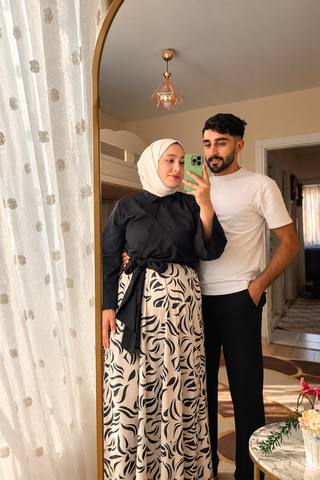 Gömleği Kendinden Kuşaklı Geniş Kol Etekli Takım 