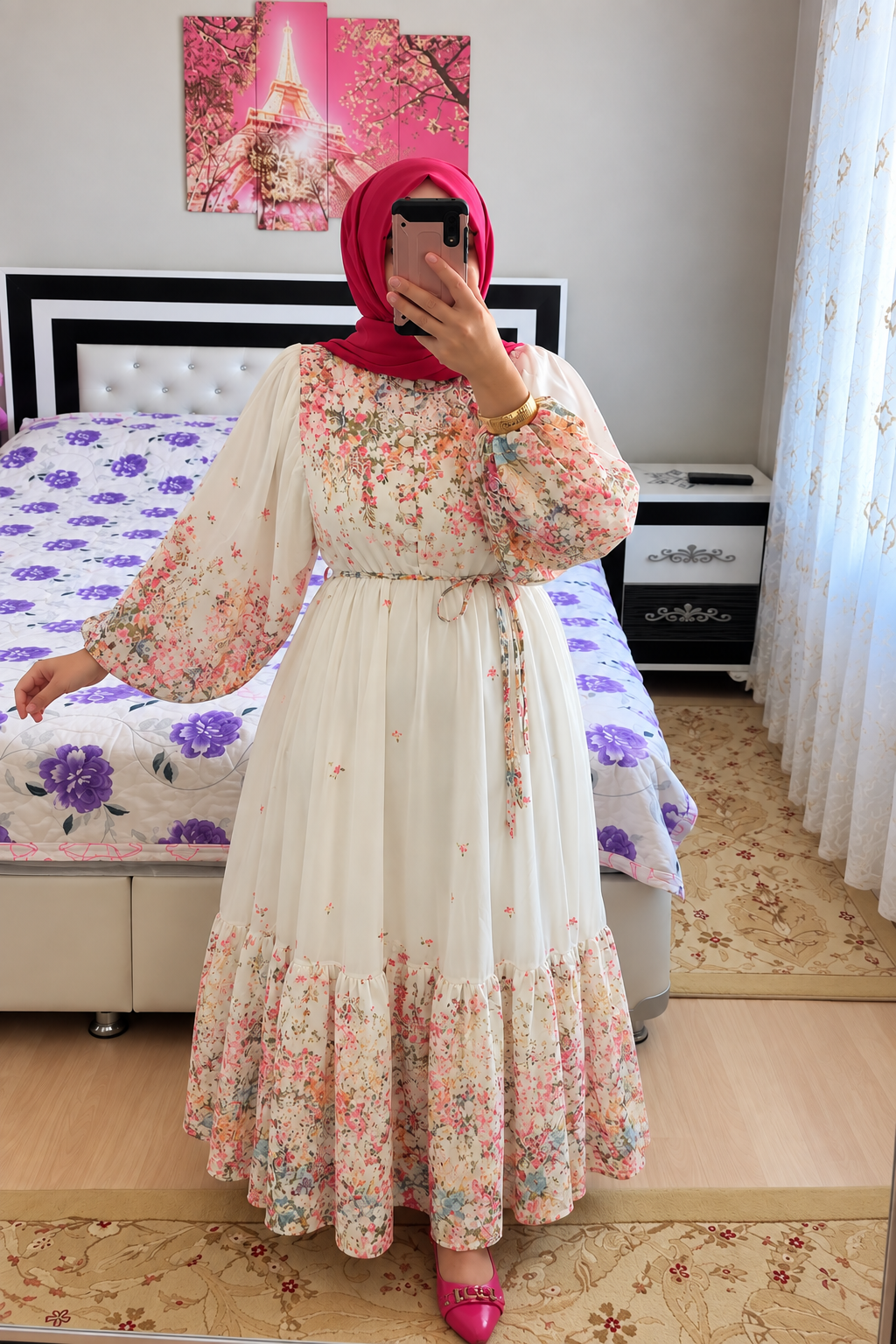 Çiçek Desen Yarım Düğmeli Elbise