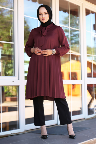 Açelya Pliseli Tunik 100MD-10411 Bordo - Thumbnail