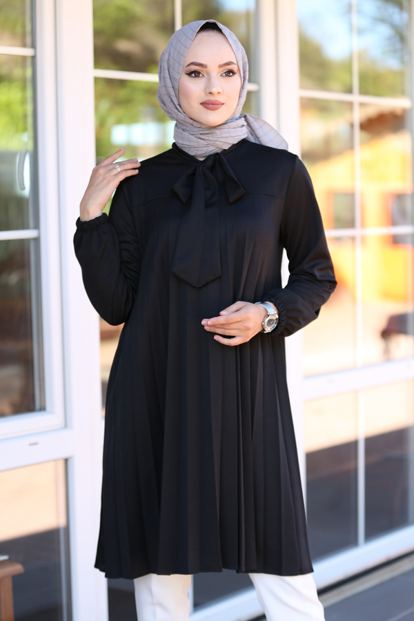 MD - Açelya Pliseli Tesettür Tunik 100MD-10411 Siyah (1)