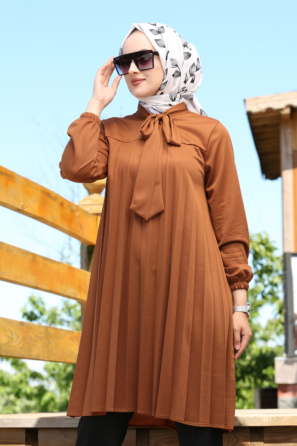 MD - Açelya Pliseli Tesettür Tunik 100MD-10411 Taba (1)
