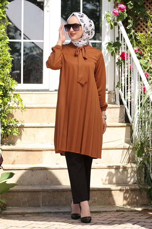 MD - Açelya Pliseli Tesettür Tunik 100MD-10411 Taba
