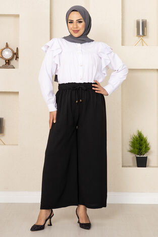 Aerobin Beli Lastikli Tesettür Pantolon Siyah - Thumbnail