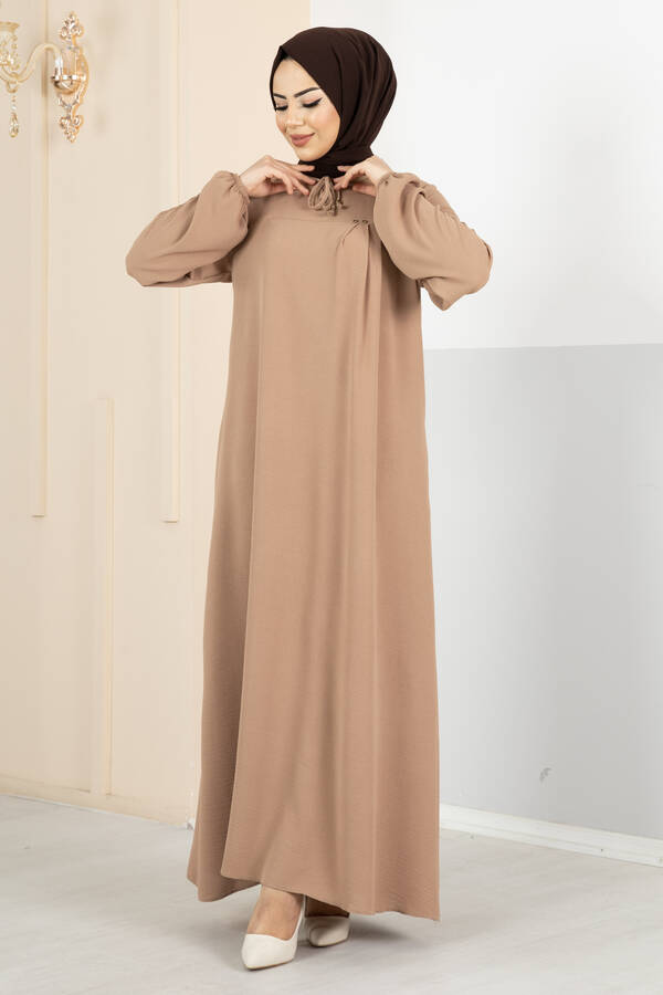 Aerobin Drapeli Tesettür Elbise Camel