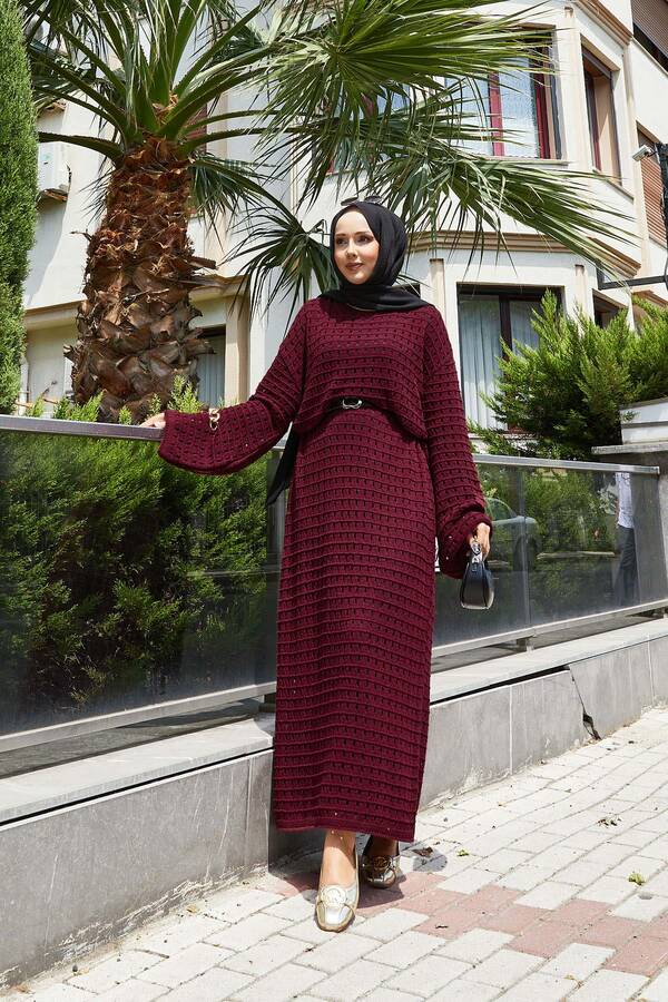 Ajurlu File Detaylı Triko Elbise Bordo Ajurlu File Detaylı Triko Elbise Bordo