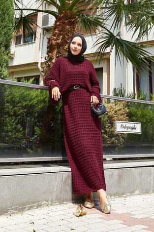 Ajurlu File Detaylı Triko Elbise Bordo - Thumbnail