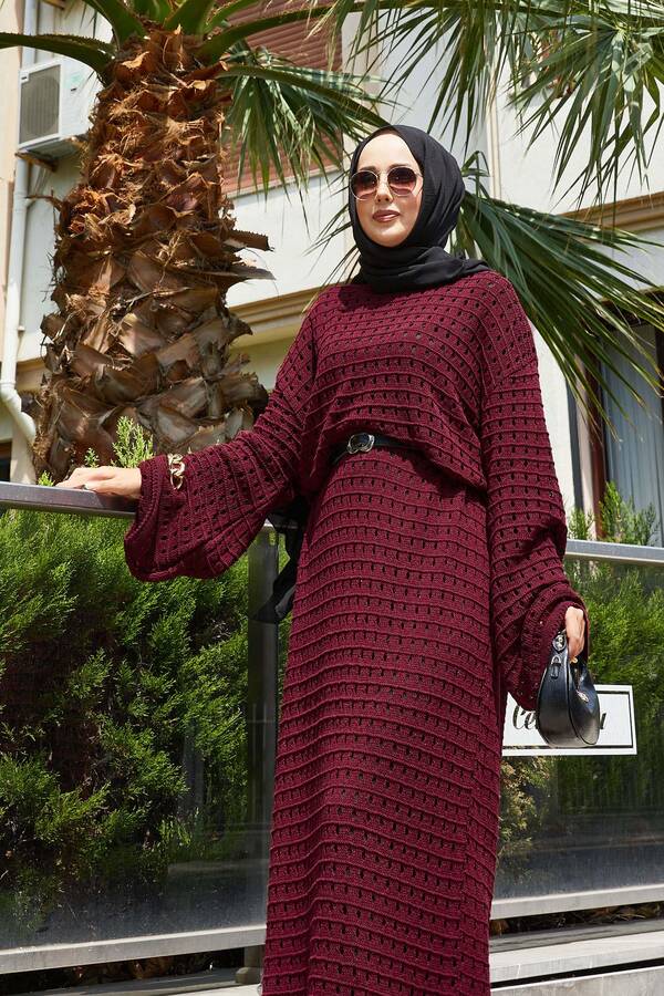 Krd - Ajurlu File Detaylı Triko Elbise Bordo (1) Krd - Ajurlu File Detaylı Triko Elbise Bordo (1)