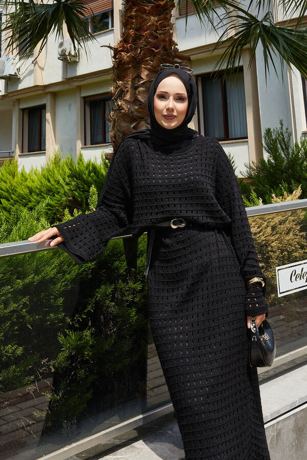 Krd - Ajurlu File Detaylı Triko Elbise Siyah (1) Krd - Ajurlu File Detaylı Triko Elbise Siyah (1)
