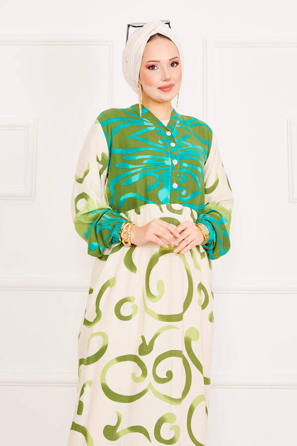 Zmr - Alaçatı Desenli Düğme Detaylı Tesettür Elbise Haki (1) Zmr - Alaçatı Desenli Düğme Detaylı Tesettür Elbise Haki (1)