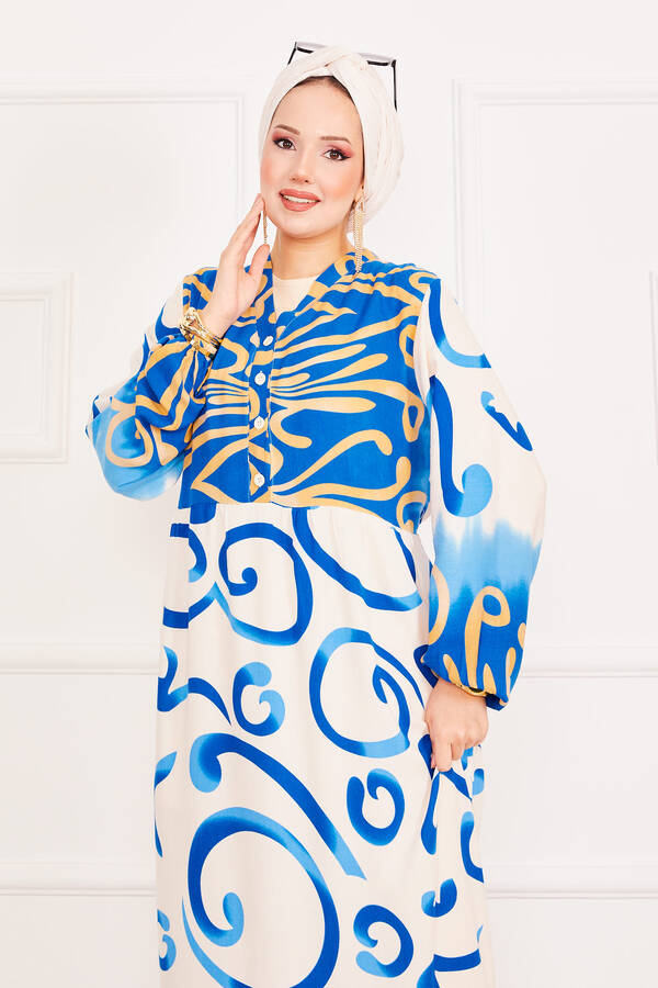 Zmr - Alaçatı Desenli Düğme Detaylı Tesettür Elbise İndigo (1) Zmr - Alaçatı Desenli Düğme Detaylı Tesettür Elbise İndigo (1)