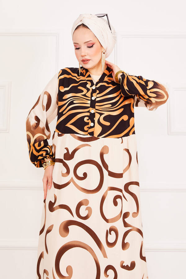 Zmr - Alaçatı Desenli Düğme Detaylı Tesettür Elbise Kahve (1) Zmr - Alaçatı Desenli Düğme Detaylı Tesettür Elbise Kahve (1)