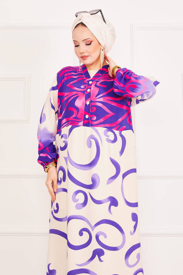 Zmr - Alaçatı Desenli Düğme Detaylı Tesettür Elbise Mor (1) Zmr - Alaçatı Desenli Düğme Detaylı Tesettür Elbise Mor (1)