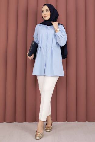 Alin Bel Ayarlı Düğmeli Gömlek Bebe Mavisi