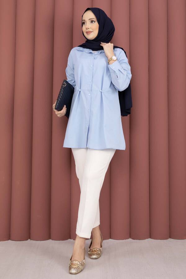 Htn - Alin Bel Ayarlı Düğmeli Gömlek Bebe Mavisi