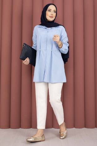 Alin Bel Ayarlı Düğmeli Gömlek Bebe Mavisi - Thumbnail