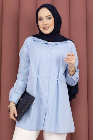 Alin Bel Ayarlı Düğmeli Gömlek Bebe Mavisi - Thumbnail