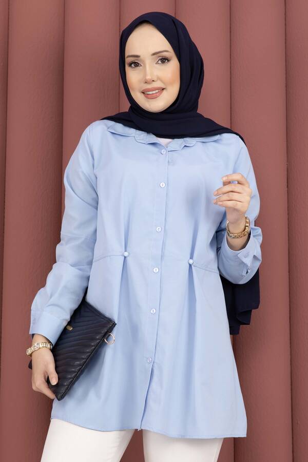 Htn - Alin Bel Ayarlı Düğmeli Gömlek Bebe Mavisi (1)