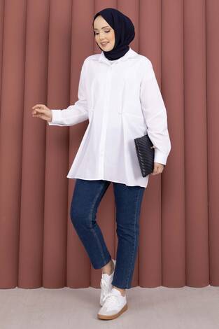 Alin Bel Ayarlı Düğmeli Gömlek Beyaz - Thumbnail