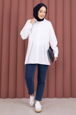 Alin Bel Ayarlı Düğmeli Gömlek Beyaz - Thumbnail