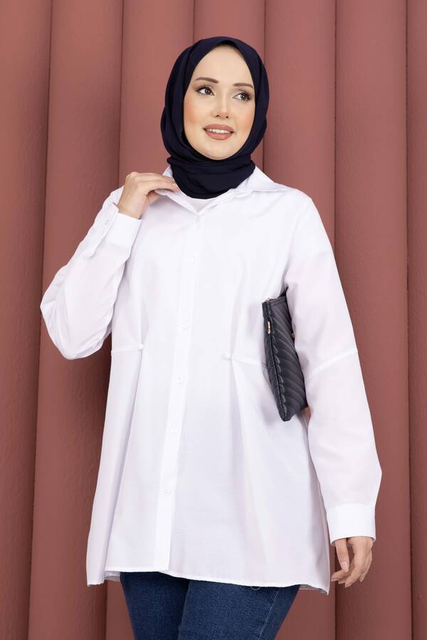 Htn - Alin Bel Ayarlı Düğmeli Gömlek Beyaz (1)