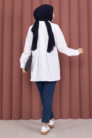 Alin Bel Ayarlı Düğmeli Gömlek Beyaz - Thumbnail