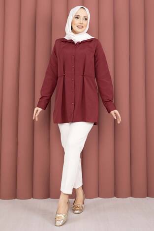 Alin Bel Ayarlı Düğmeli Gömlek Bordo - Thumbnail
