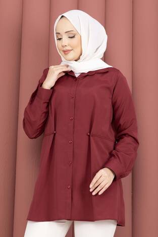 Alin Bel Ayarlı Düğmeli Gömlek Bordo - Thumbnail