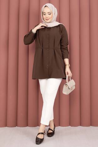 Alin Bel Ayarlı Düğmeli Gömlek Kahve