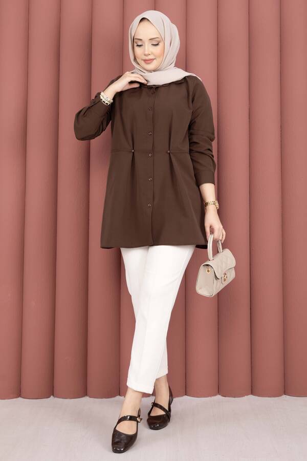 Htn - Alin Bel Ayarlı Düğmeli Gömlek Kahve