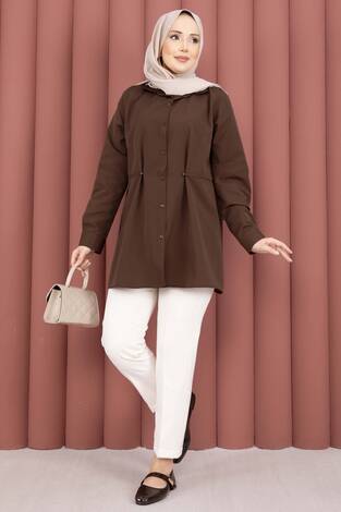 Alin Bel Ayarlı Düğmeli Gömlek Kahve - Thumbnail