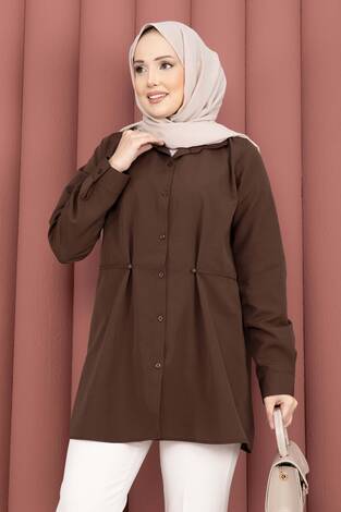 Alin Bel Ayarlı Düğmeli Gömlek Kahve - Thumbnail