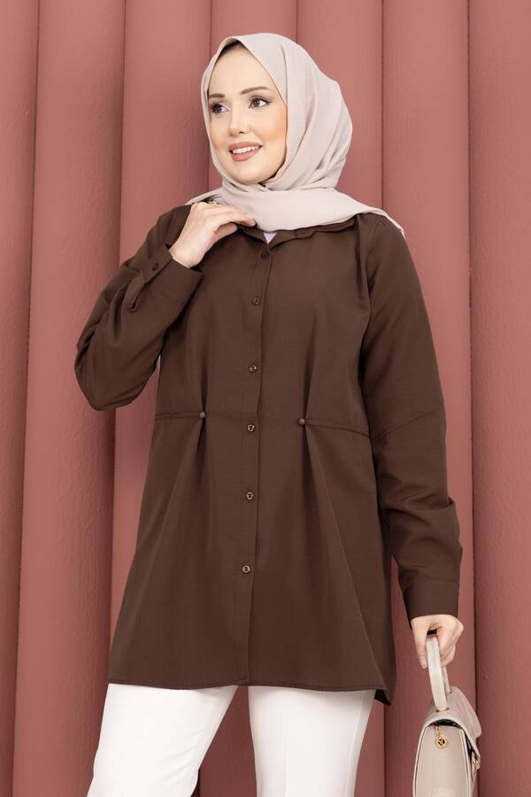 Htn - Alin Bel Ayarlı Düğmeli Gömlek Kahve (1)