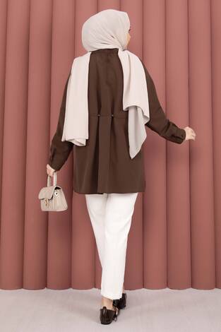 Alin Bel Ayarlı Düğmeli Gömlek Kahve - Thumbnail