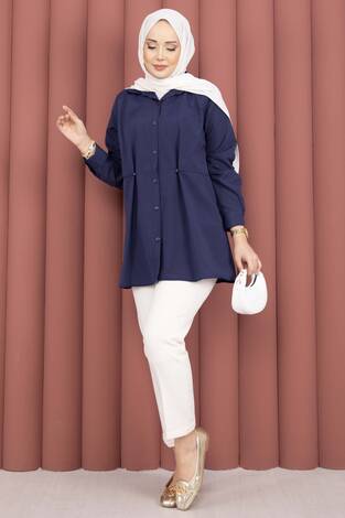 Alin Bel Ayarlı Düğmeli Gömlek Lacivert - Thumbnail