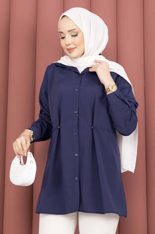 Alin Bel Ayarlı Düğmeli Gömlek Lacivert - Thumbnail