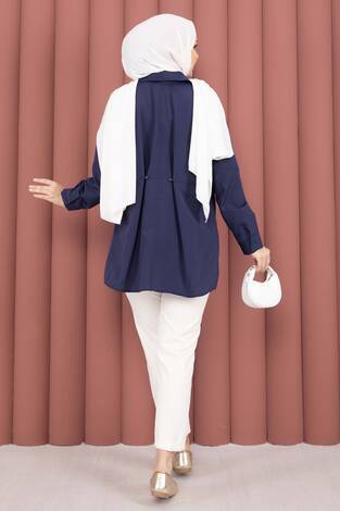 Alin Bel Ayarlı Düğmeli Gömlek Lacivert - Thumbnail