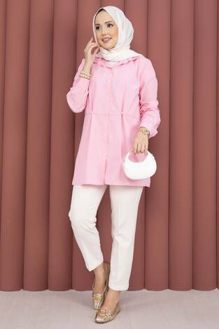 Alin Bel Ayarlı Düğmeli Gömlek Pembe - Thumbnail