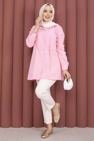 Alin Bel Ayarlı Düğmeli Gömlek Pembe - Thumbnail