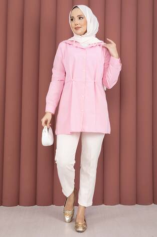 Alin Bel Ayarlı Düğmeli Gömlek Pembe - Thumbnail