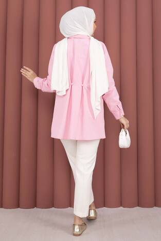 Alin Bel Ayarlı Düğmeli Gömlek Pembe - Thumbnail