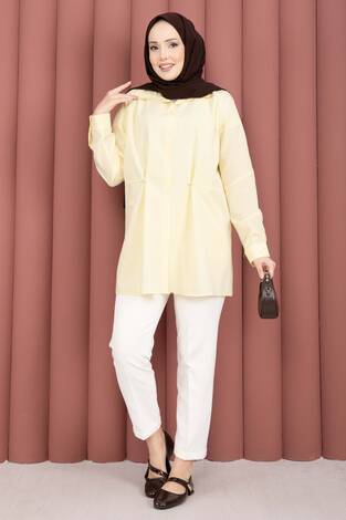 Alin Bel Ayarlı Düğmeli Gömlek Sarı - Thumbnail