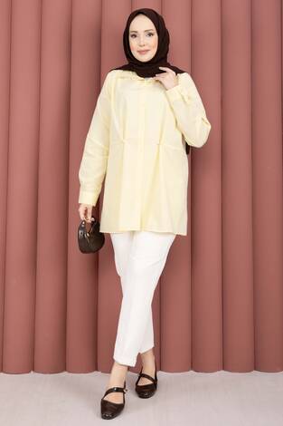 Alin Bel Ayarlı Düğmeli Gömlek Sarı - Thumbnail