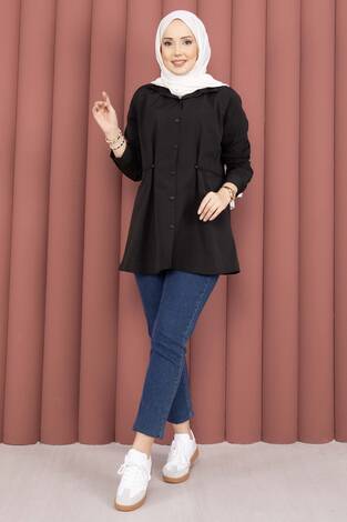 Alin Bel Ayarlı Düğmeli Gömlek Siyah - Thumbnail