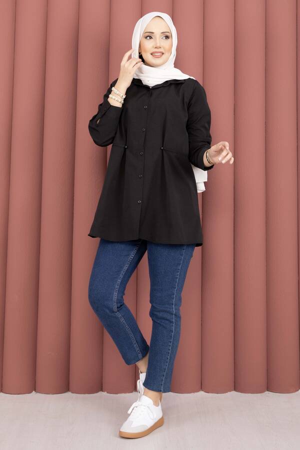 Htn - Alin Bel Ayarlı Düğmeli Gömlek Siyah