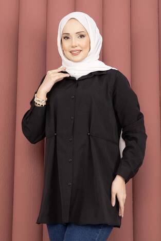 Alin Bel Ayarlı Düğmeli Gömlek Siyah - Thumbnail