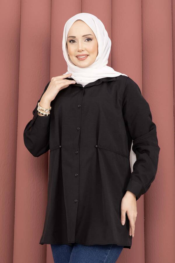 Htn - Alin Bel Ayarlı Düğmeli Gömlek Siyah (1)
